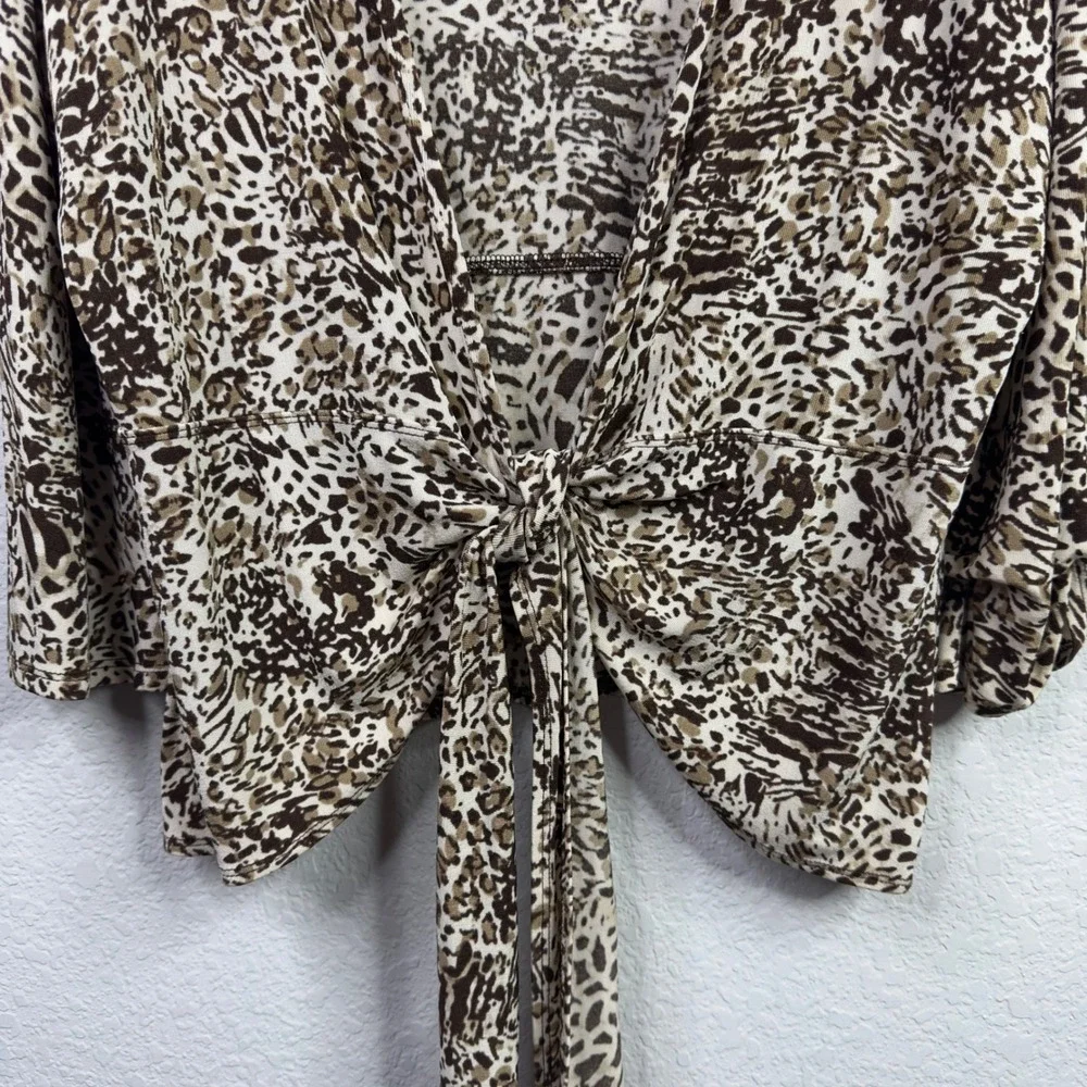 Chico's Travelers Cardigan Womens 3/XL Brown Animal Print‎ Tie Front Mob Wife